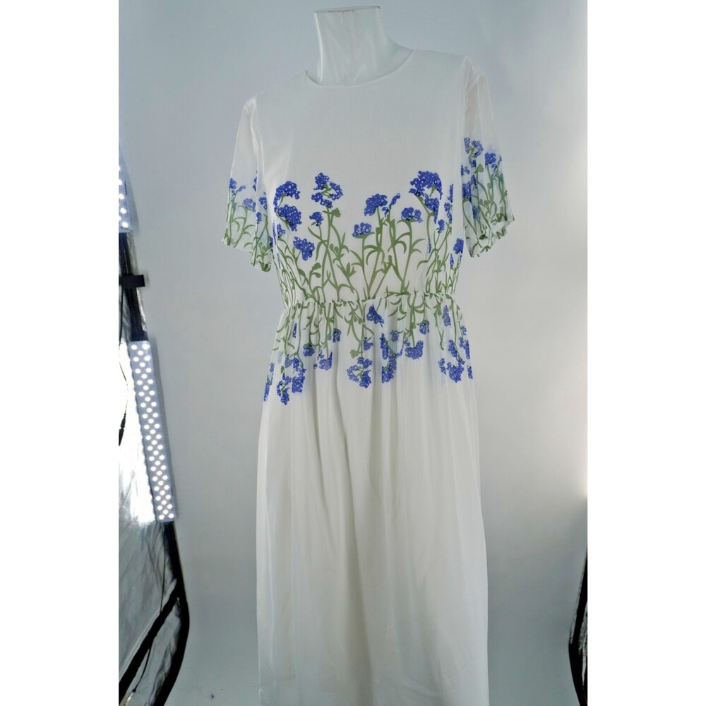 Feiman White Floral Chiffon Midi Dress Short Sleeve Blue Embroidery Size M - Picture 5 of 11